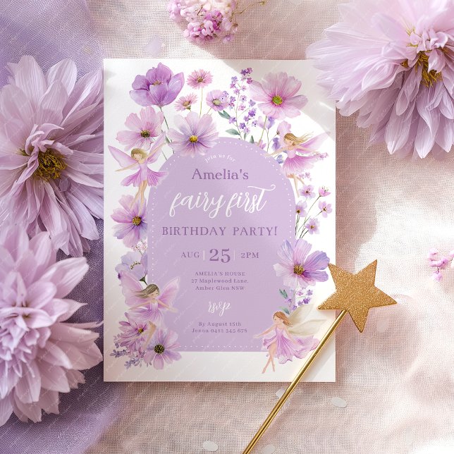 Invitación Fairy 1st Birthday Fairy Purple Girls Party (Fairy First Purple Invitation)