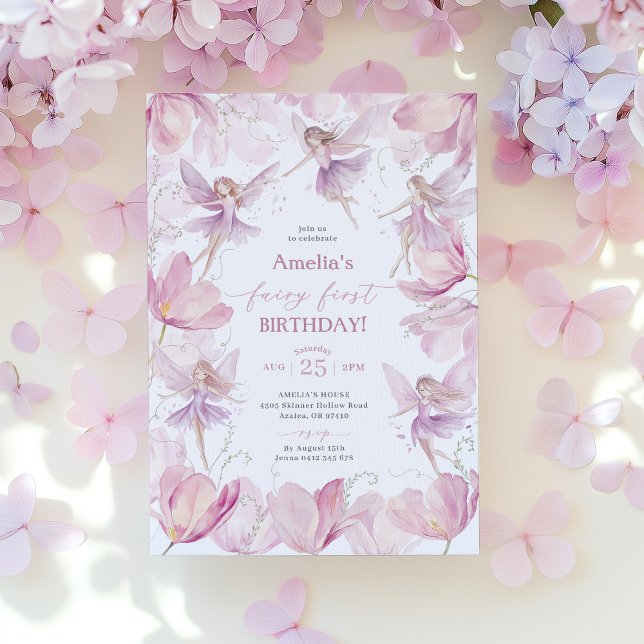 Invitación Fairy 1st Birthday Girls Fairy Party Pink Purple  (Pink and Purple Fairy First Birthday Invitation)