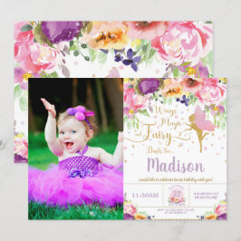 Invitación Fairy Birday Party Purple Floral Whimsical Photo