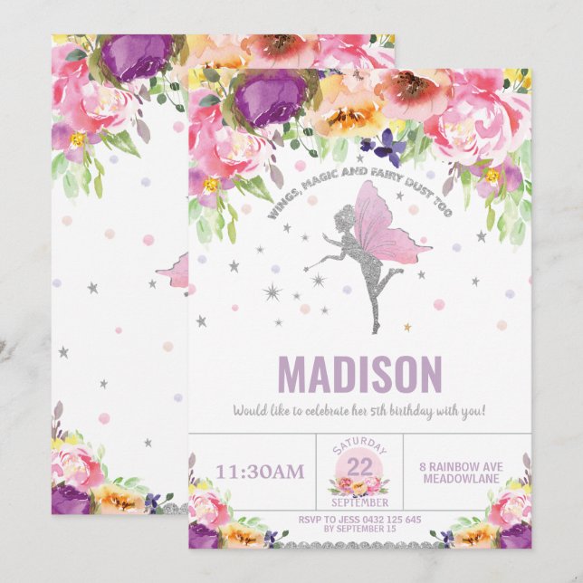 Invitación Fairy Birday Purple Pink Floral Silver Purpurina (Anverso / Reverso)
