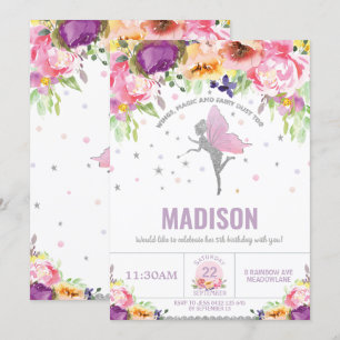 Invitación Fairy Birday Purple Pink Floral Silver Purpurina