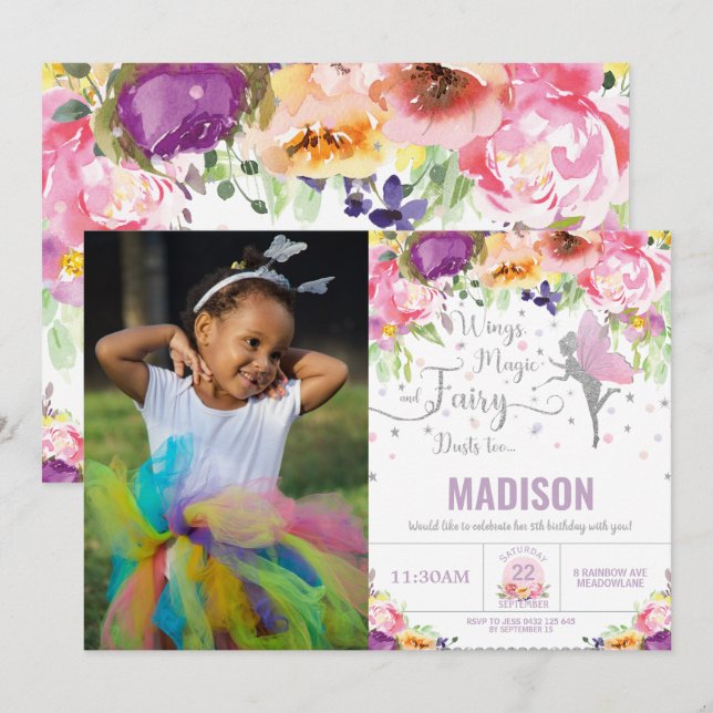 Invitación Fairy Birple Floral Silver Purpurina Photo (Anverso / Reverso)