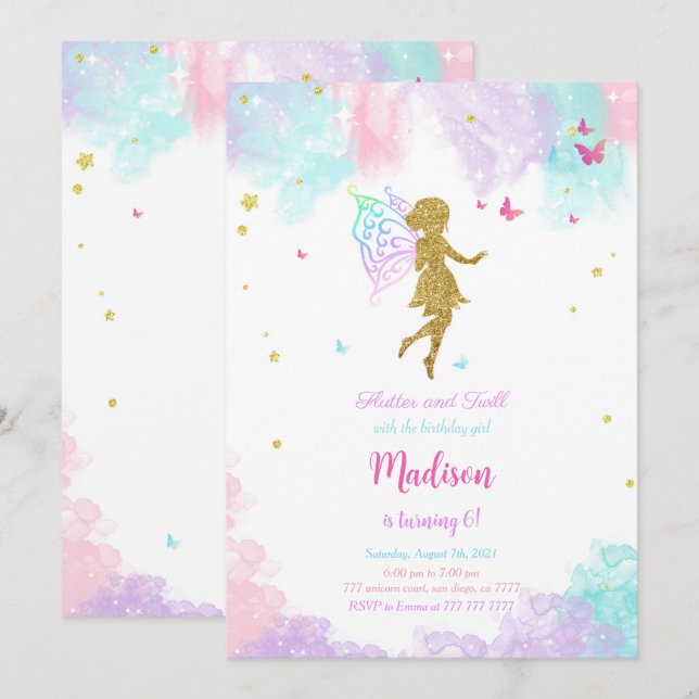 Invitación Fairy Birthday Party (Anverso / Reverso)