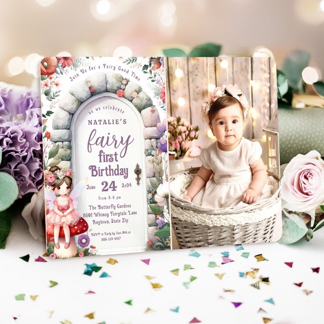 Invitación Fairy Door Encantada Fairy Fairy First Birday Phot (Fairy First Birthday Photo Invitation with Brown Hair Fairy Girl and Enchanted Fairy Doorway.)