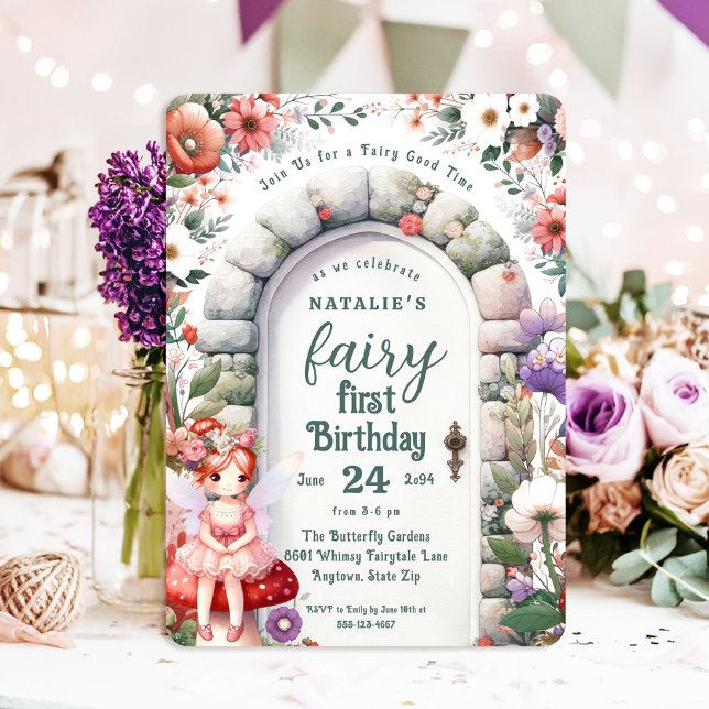 Invitación Fairy Doorway Red Hair Fairy First Birday Party (Fairy First Birthday Invitation with Red Hair Fairy Girl and Enchanted Doorway)