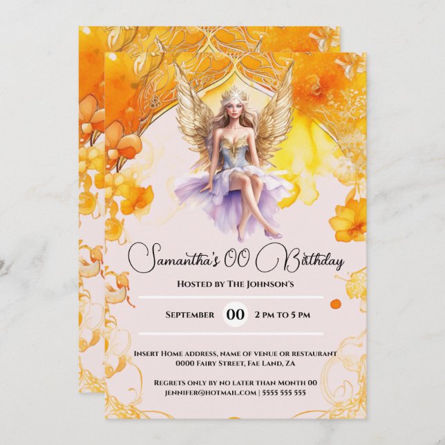 Invitación Fairy elegante fiesta de cumpleaños del naranja de (Anverso / Reverso)