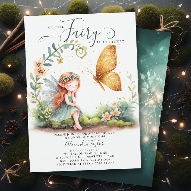 Invitación Fairy Encantada Esmeralda Gold Cute Baby Shower (a little fairy girl baby shower invitation enchanted forest garden magical butterfly emerald gold)