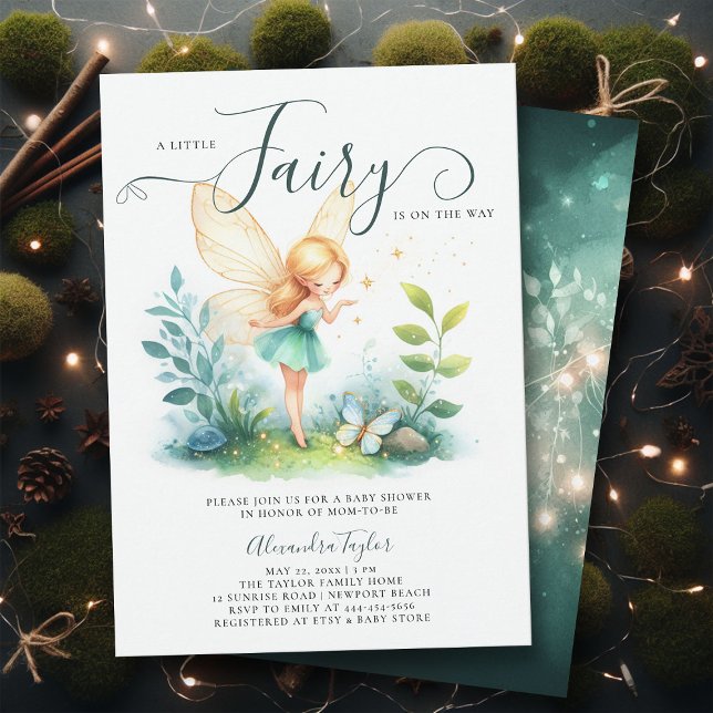Invitación Fairy Encantado Emerald Garden Baby Shower (a little fairy girl baby shower invitation enchanted forest garden butterfly emerald gold classy)