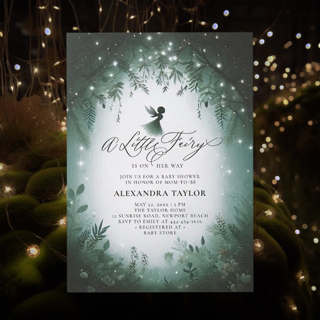 Invitación Fairy Enchated Forest Emerald Baby Shower (little fairy baby shower invitation enchanted forest magical faerie elegant modern emerald frame)