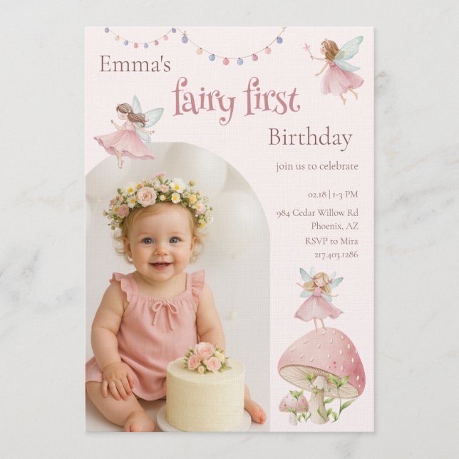 Invitación Fairy First 1st Birthday Enchanted Magical (Anverso)