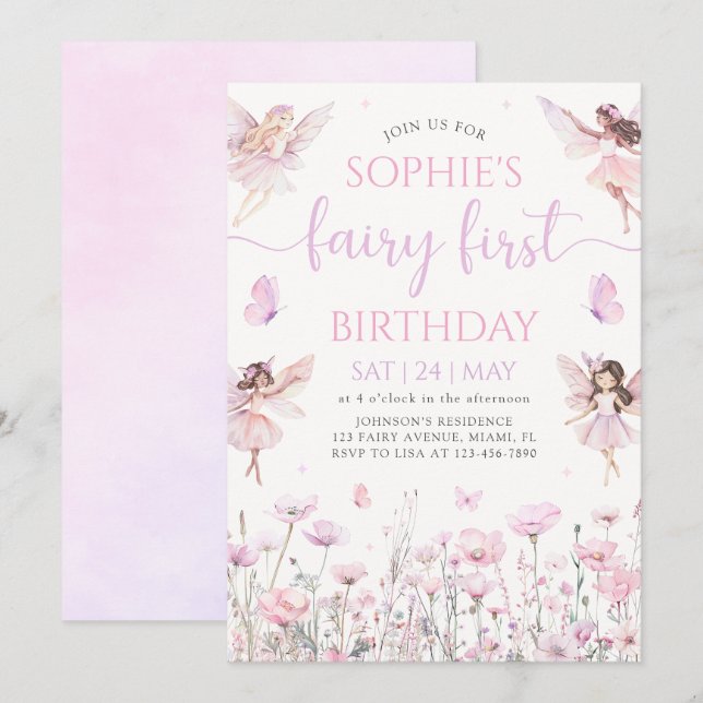 Invitación Fairy First 1st Birthday Party Invitation (Anverso / Reverso)