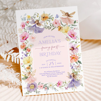 Invitación Fairy First Birday Cute Floral Garden Fairies 1s