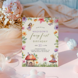 Invitación Fairy First Birday Enchanted Forest Floral Chica