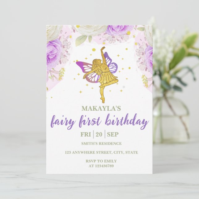 Invitación Fairy First Birday flowers Watercolor Mushroom (Anverso de pie)