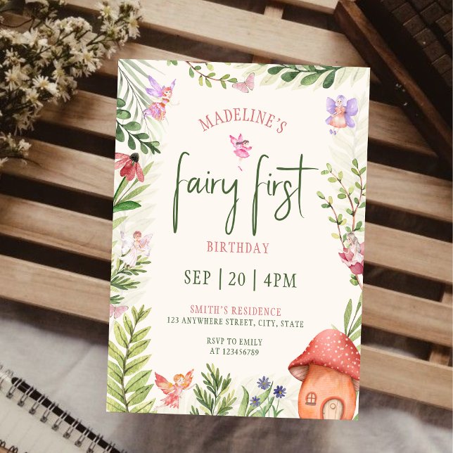 Invitación Fairy First Birday Forest Watercolor Mushroom (Fairy First Birthday Invitation
)