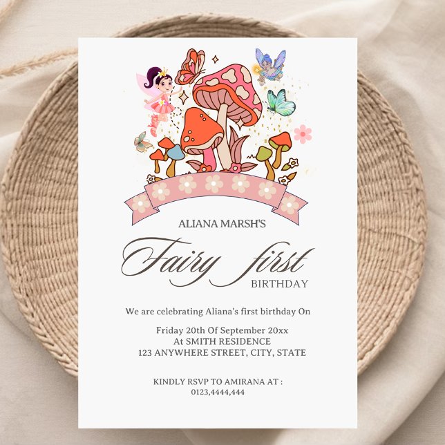Invitación Fairy First Birday lindo Watercolor Mushroom (Subido por el creador)