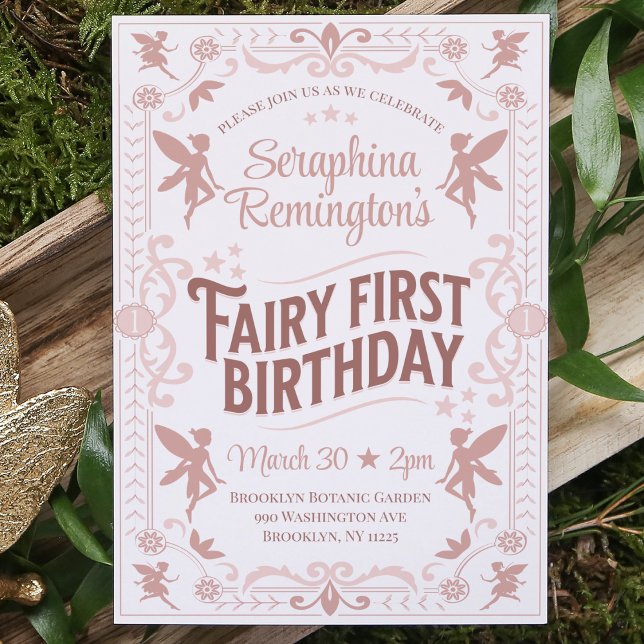 Invitación Fairy First Birday Pink Sweet Chicas Bday Fiesta (fairy first birthday party invitation girls 1st bday invite magical whimsical princess pixie pink)