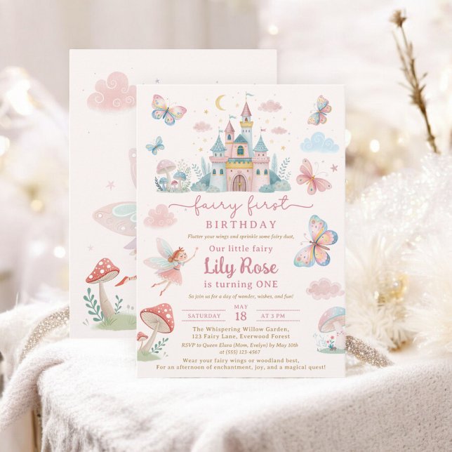 Invitación Fairy First Birday Pink Whimsical Castle Kids (Fairy First Birthday Pink Whimsical Castle Kids Invitation)