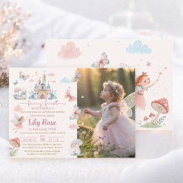 Invitación Fairy First Birday Pink Whimsical Castle Photo