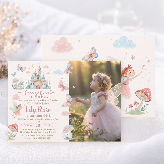 Invitación Fairy First Birday Pink Whimsical Castle Photo (Fairy First Birthday Pink Whimsical Castle Photo Invitation)