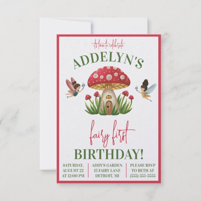 Invitación Fairy First Birthday, cumpleaños de hongos en el j (Anverso)
