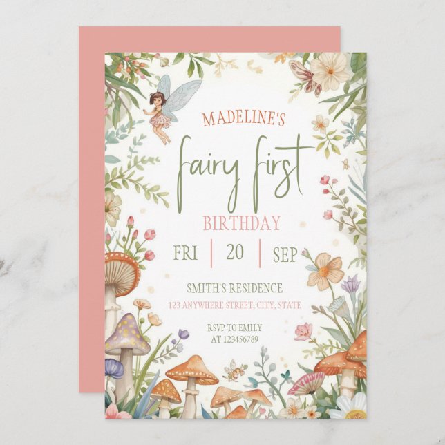 Invitación Fairy First  Birthday Forest Watercolor Mushroom  (Anverso / Reverso)