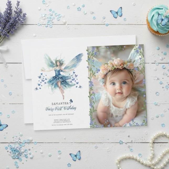 Invitación Fairy First Birthday Invitation | Dusty Blue (Subido por el creador)