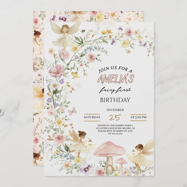 Invitación Fairy First Birthday Invitation Wildflower 1st (Anverso / Reverso)