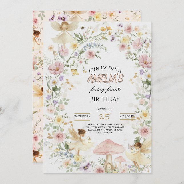 Invitación Fairy First Birthday Invitation Wildflower 1st (Anverso / Reverso)