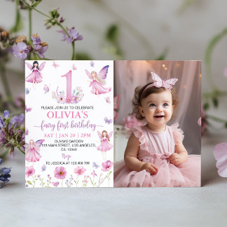 Invitación Fairy First Floral Garden Butterfly Birthday Photo