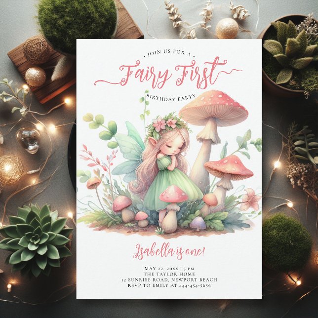 Invitación Fairy First Magical Garden Chicas 1º cumpleaños (fairy first girl birthday party invitation magical forest enchanted garden mushrooms pink gold green)