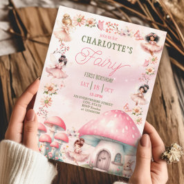 Invitación Fairy First Mushroom House Pink Birday
