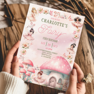 Invitación Fairy First Mushroom House Pink Birday