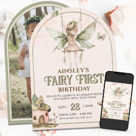 Invitación Fairy First Personalizado Photo Pink Sage Primer c