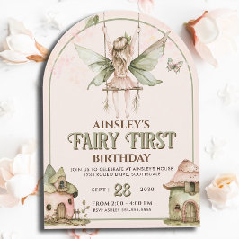 Invitación Fairy First Personalized Pink Sage Primer cumpleañ