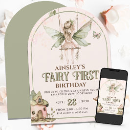 Invitación Fairy First Personalized Pink Sage Primer cumpleañ