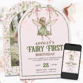 Invitación Fairy First Pink Bow Photo Chicas 1er cumpleaños