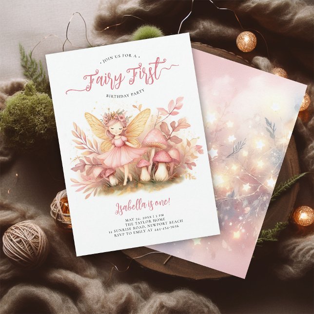 Invitación Fairy First Pink Gold Magical Chicas 1º cumpleaños (fairy first girl birthday party invitation magical forest enchanted garden mushrooms pink gold)