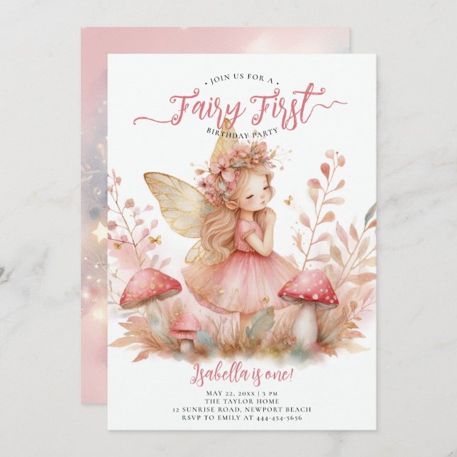 Invitación Fairy First Pink Gold Mushrooms Chicas 1º cumpleañ (Anverso / Reverso)