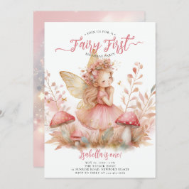 Invitación Fairy First Pink Gold Mushrooms Chicas 1º cumpleañ