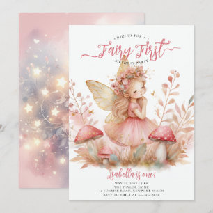 Invitación Fairy First Pink Gold Mushrooms Chicas 1º cumpleañ