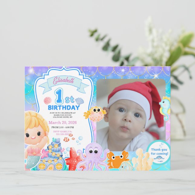 Invitación Fairy First Purple Sea Photo 1st Birthday  (Anverso de pie)