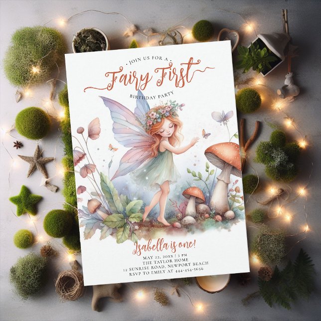 Invitación Fairy First Terracotta Magical Chicas 1er cumpleañ (fairy first girl birthday party invitation magical forest enchanted garden mushroom terracotta green)