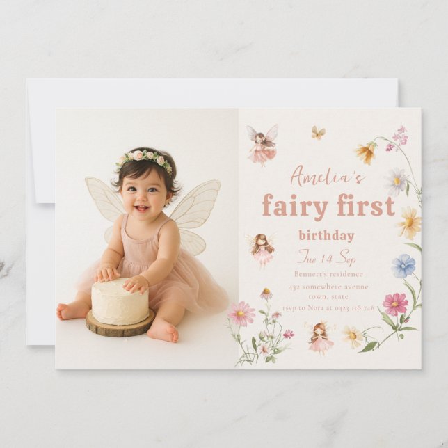 Invitación Fairy First Watercolor Widflower Birthday Photo (Anverso)