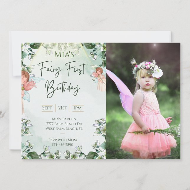 Invitación Fairy First Woodland Photo Birthday Encantado (Anverso)