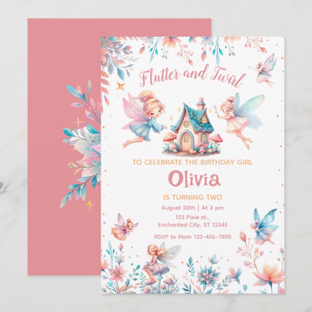 Invitación Fairy Floral Garden Chica fiesta de cumpleaños (Anverso / Reverso)