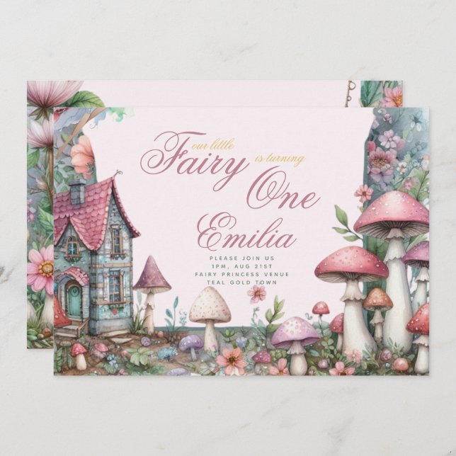 Invitación Fairy Garden 1er cumpleaños o EDIT AGE Oro Verde a (Anverso / Reverso)