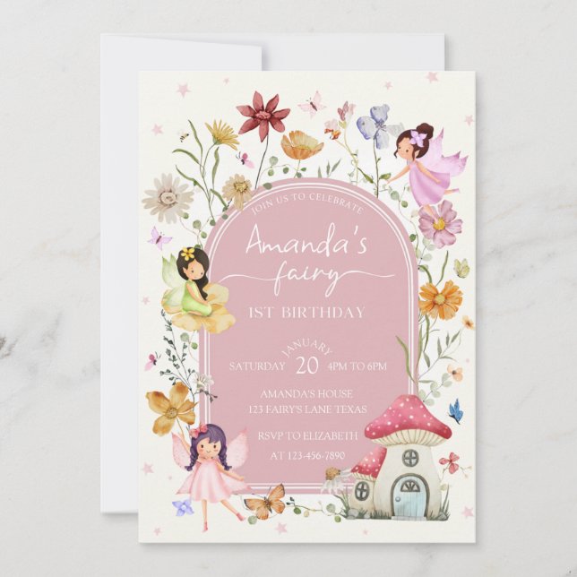 Invitación Fairy Garden Floral Girly 1 cumpleaños (Anverso)