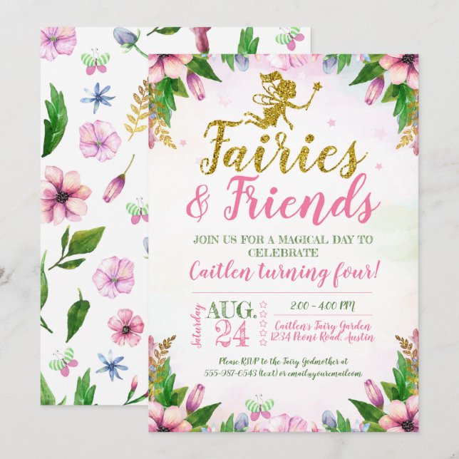 Invitación Fairy Garden Magical Enchanted Floral Cumpleaños (Anverso / Reverso)