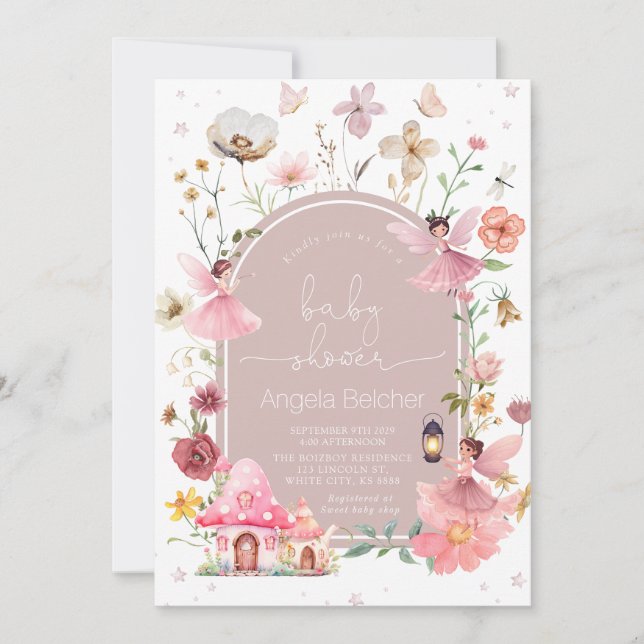 Invitación Fairy House - Rubor Boho Wildflower Baby Shower (Anverso)